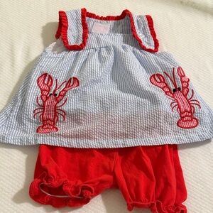 Toddler Girls Red & Blue Lobster Seersucker Matching Set